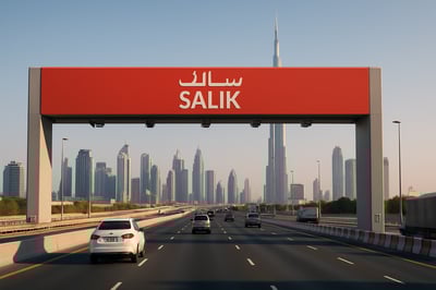 Dubai toll road with Salik gate and city skyline