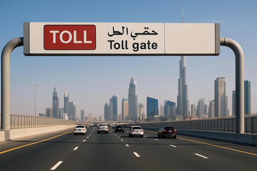 Dubai toll road with city skyline in the background